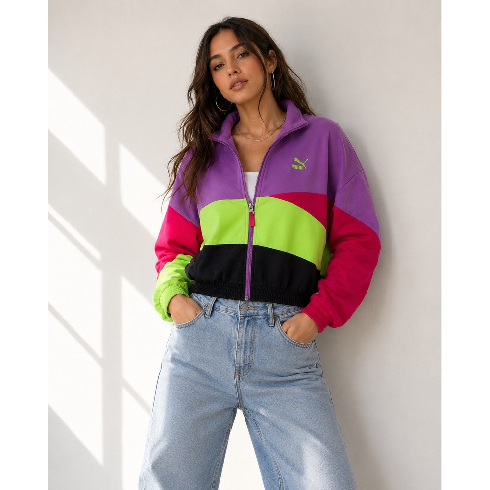 Puma Retro Colorblock Track Jacket Womens L Y2K Cropped Streetwear